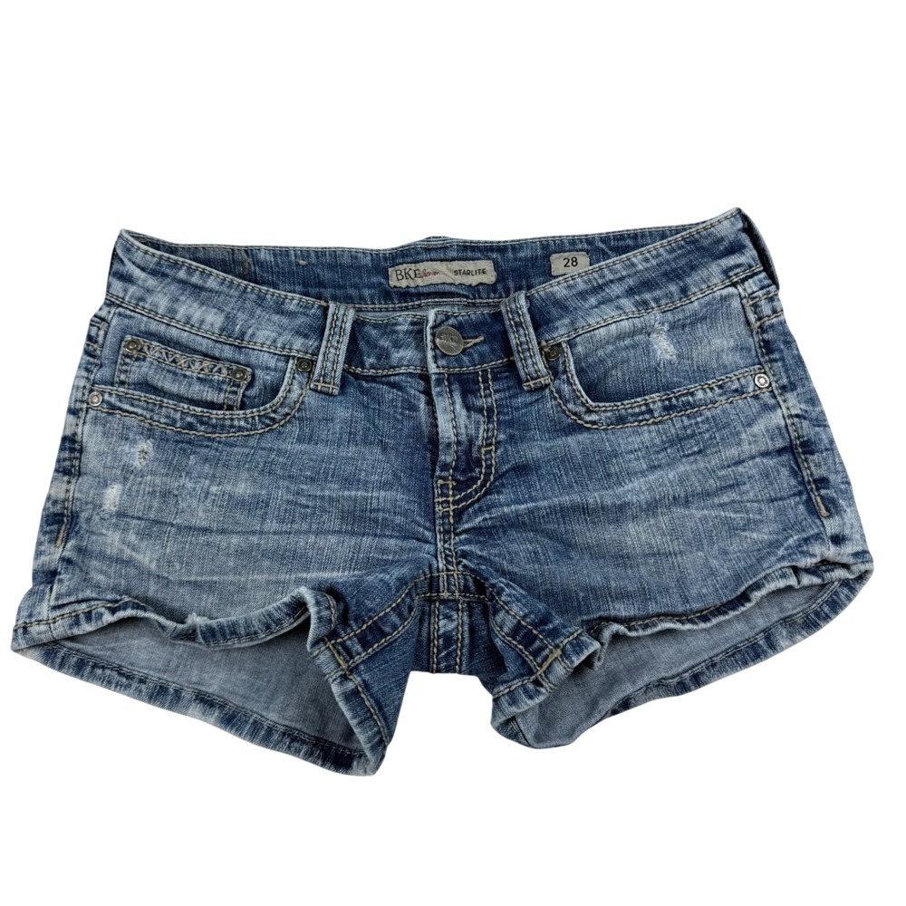 BKE Denim Starlite Distressed Low Rise Jean Mini Micro Shorts Medium Wash Sz 28